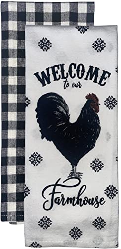 Set of 4, Welcome to Our Farmhouse with Rooster, Black and White Buffalo Plaid Kitchen Towels, Super Soft and Absorbent Size: 15 X 25 inch.