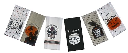 Set of 6, 100% Cotton Halloween Flour Sack Kitchen Towels, Haunted House, Heebies Jeebies, Something Wicked This Way Comes Size: 15” x 25”.