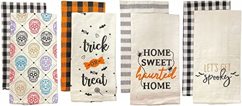 Fall / Halloween Kitchen Towels - Set of 8, 100% Cotton Flour Sack / Tea Towel White with Sentiment and Farmhouse Plaid Kitchen Towels Size: 15” x 25”.