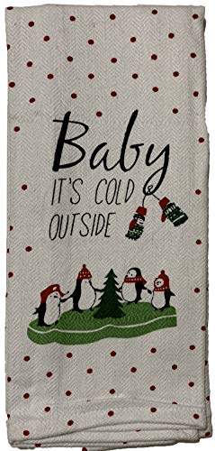 Set of 4, Snowman with Christmas Tree Quote Baby it’s Cold Outside, 100% Cotton Herringbone Pattern and Red Waffle Weave Kitchen Towel / Tea Towels Soft and Absorbent Size: 16” x 28".