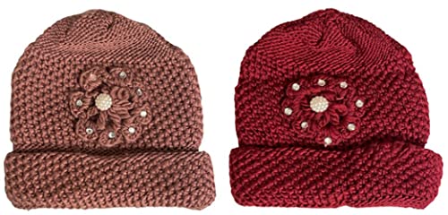 2 Pcs, Womens Wool Knitted Crochet Slouchy Beanie Hat with Flower for Cold Weather Protection.