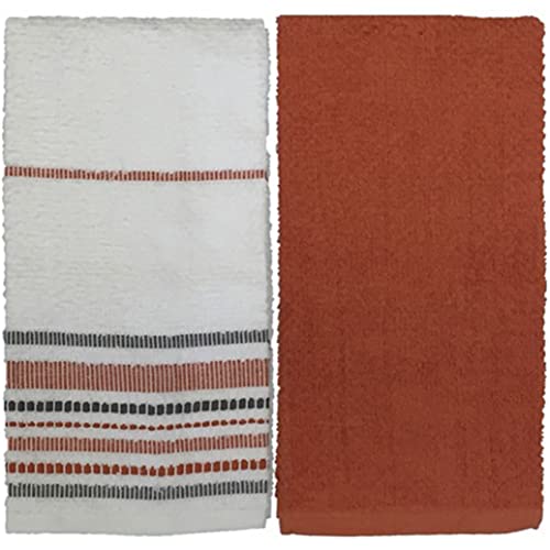 4 Pack, 100% Cotton Terry Kitchen Towels - 2 Pcs White with Strips and 2 Pcs Solid Orange Terry Kitchen Towels, Ultra Absorbent, Machine Washable Size: 16 inch x 26 inch.