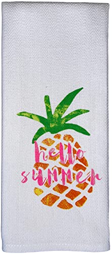 100% Cotton Pineapple with Hello Summer Design Flour Sack Kitchen Towel Soft and Absorbent Tea Towel / Hand Towels with Hanging Loop Size: 16 X 28 Inch.