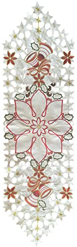 Poinsettia Flower with Decorate Bells Embroidery and Cut Work on Beige Base Oblong Runner Kitchen Dining Table