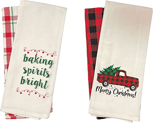 4 Pcs, 100% Cotton Christmas Flour Sack Kitchen Towels, Red Truck with Christmas Tree Quote "Merry Christmas" & "Baking Spirits Bright" & 2 Farmhouse Kitchen towels Soft and Absorbent Size: 15” x 25”.