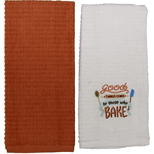 2 Pcs, 100% Cotton Terry Kitchen Towel - White Towel Embroidery Good Things Come to Those Who Bake & Plain Terry Kitchen Towel Size: 15 inch x 25 inch.