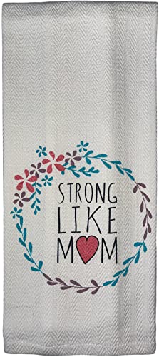 100% Cotton Herringbone Funny Quote Strong Like MOM Flour Sack Kitchen Towel Soft and Absorbent Tea Towel / Hand Towels with Hanging Loop Size: 16 X 28 Inch.