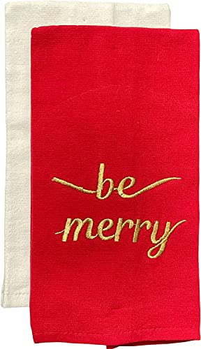 Set of 4, 100% Cotton Be Merry and Christmas Tree Design Holiday Christmas Kitchen Towels Red and White, Soft and Absorbent. Size: 15” x 25”.