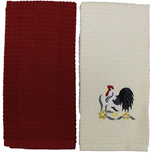 2 Pcs, 100% Cotton Terry Kitchen Towel - White Towel Embroidery Rooster & Plain Terry Kitchen Towel Size: 15 inch x 25 inch.