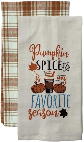 Set of 2, Flour Sack Kitchen Towels Pumpkin Spice Favorite Season & 1 Plaid Kitchen Towels/Flour Sack Kitchen Towels Size : 15" x 25".