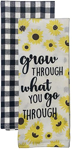 Set of 4, Sunflower with Grow Through What You go Through and Black and White Buffalo Plaid Kitchen Towels, Super Soft and Absorbent Size: 15" X 25.