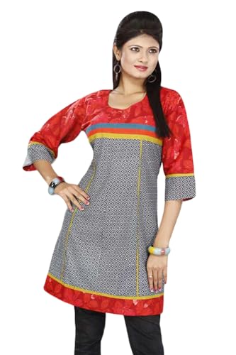 Tunic for Women Black and White, Red with Leaf Round Neck Multi Stipes, 3/4 Sleeves, Long Kurta, Kurti, Tunic, Top.