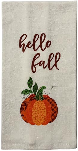 Set of 4, Fall Wreath with Grateful and Pumpkin with Hello Fall - Harvest Flour Sack Kitchen Towels with Gingham Check Kitchen Towels Size : 15" x 25".