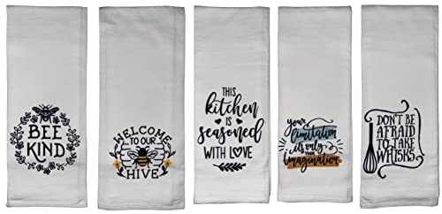 Set of 5, 100% Cotton Inspire Design Funny Cute Saying Flour Sack Kitchen Towels/Dish Towels for Wedding, Baby Shower, Home Decor, Housewarming, Other Occasions Size: 16 X 28 Inch.