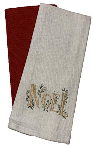 Set of 4, 100% Cotton White Herringbone Pattern Kitchen Towel with Noel and Red Waffle Weave Kitchen Towel / Tea Towels Soft and Absorbent Size: 16” x 28".