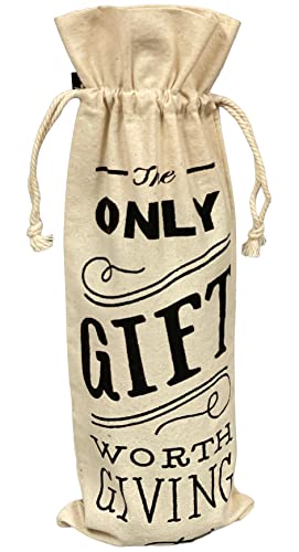 Set of 4, Everyday 100% Cotton Wine bag with Drawstring and Saying, Reusable wine bag, Perfect gift for Everyday or Holiday Season Size: 13 x 5 Inch.