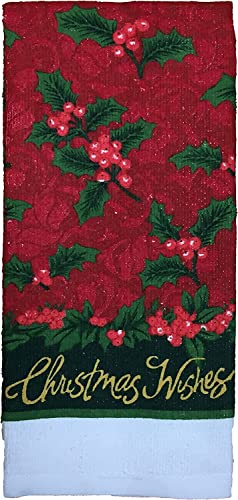 Set of 4, Poinsettia Flower Sentiment Christmas Wishes - 100% Cotton Kitchen Towel Set, Includes, 2 Potholder, Kitchen Towel, Oven mitt.