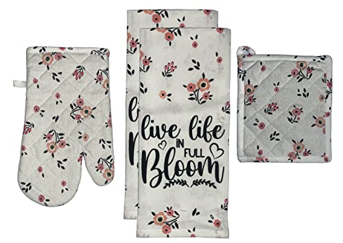 Set of 4, 100% Cotton, Spring Flower with Sentiment Live Life in Full Bloom Kitc