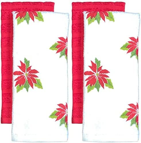 Set of 4, 100% Cotton 2 Pcs Poinsettia Flower Design Christmas Kitchen Towels and 2 Pcs Solid Red Terry Towels, Soft and Absorbent Size: 16” x 26".