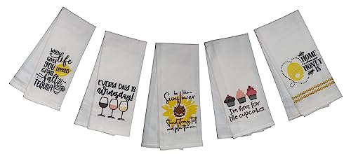 Set of 5, Flour Sack Saying Kitchen Towels Every Day is Wines Day! I’m Here for The Cupcakes, Home is Where Your Honey is, for Housewarming, Wedding, Baby Shower, Size: 16 X 28 Inch.