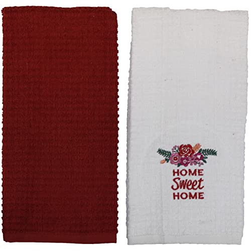 2 Pcs, 100% Cotton Terry Kitchen Towel - White Towel Home Sweet Home Embroidery & Plain Terry Kitchen Towel Size: 15 inch x 25 inch.