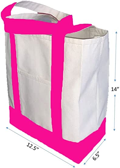 100% Cotton Heavy Duty Expandable two-tone gusseted Reusable Tote Bag & Front Pocket, Machine Washable Size 14 x 19 x 6 inch.