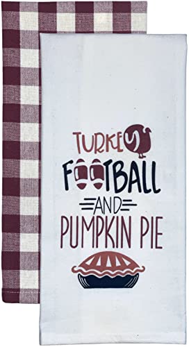 Set of 2, Turkey Football and Pumpkin Pie - Harvest Flour Sack Kitchen Towels with Gingham Check Kitchen Towels Size : 15" x 25".