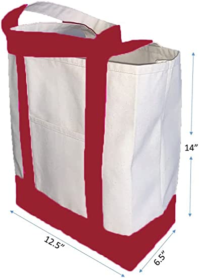 100% Cotton Heavy Duty Expandable two-tone gusseted Reusable Tote Bag & Front Pocket, Machine Washable Size 14 x 19 x 6 inch.