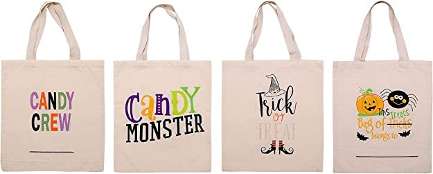 Set of 4, Assorted Design Halloween Printed 100% Cotton Natural Canvas Tote bag Size: 14" X 16". Tote bag are perfect for Halloween, Reusable Machine Washable, and Go Green SAVE EARTH.