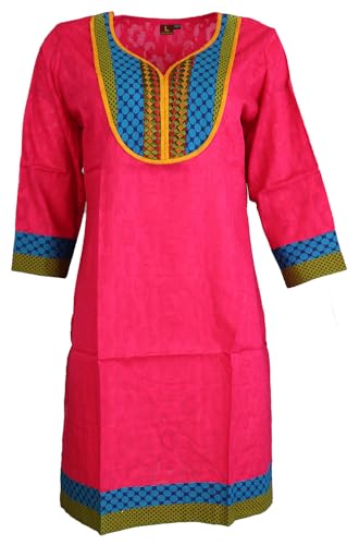 Tunic for Women V-Neck Embroidery, Multi Stripe Patchwork Yoke 3/4 Sleeves Long Kurti Kurta Tunic Top. Pink