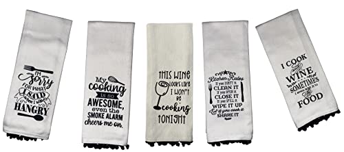 Set of 5, 100% Cotton Funny Cute Saying Pom Pom Design Flour Sack Kitchen Towels