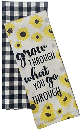 Set of 4, Sunflower with Grow Through What You go Through and Black and White Buffalo Plaid Kitchen Towels, Super Soft and Absorbent Size: 15" X 25.