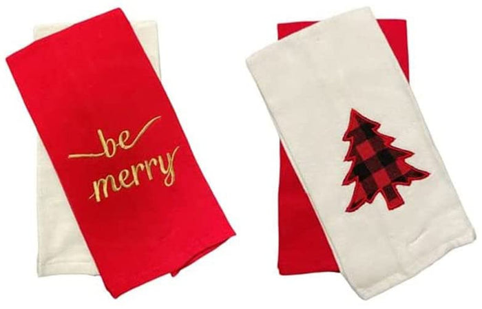 Set of 4, 100% Cotton Be Merry and Christmas Tree Design Holiday Christmas Kitchen Towels Red and White, Soft and Absorbent. Size: 15” x 25”.