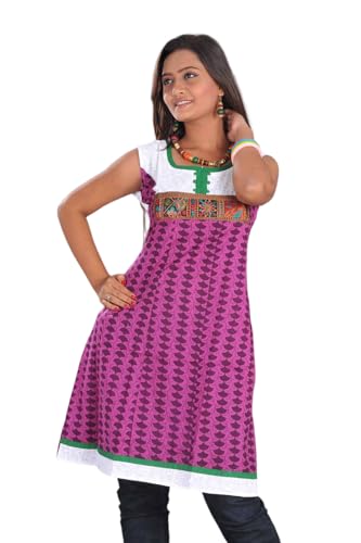 Tunic for Women White with Green Round Neck Embroidery Patchwork and Purple Bottom Sleeveless Tunic Top Kurti.