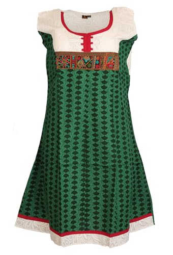 Tunic for Women White with Green Round Neck Embroidery Patchwork and Green Bottom Sleeveless Tunic Top Kurti.