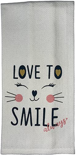 100% Cotton Herringbone Funny Quote Love to Smile Always Flour Sack Kitchen Towel Soft and Absorbent Tea Towel / Hand Towels with Hanging Loop Size: 16 X 28 Inch.