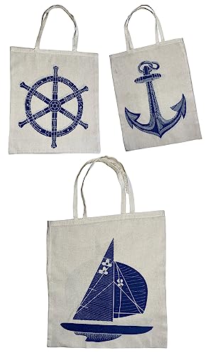 100% Cotton Nautical Design Natural Canvas Tote Bags Size: 14 x16 inch. Set of 3, Wheels, Anchor and ship Double side Same Print, Tote bags, Reusable for Grocery Shopping Bags Machine Washable