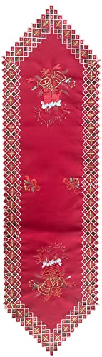 Set of 10, Christmas Holiday Decorate Candle, Bells and Flower on Red Base Embroidery and Cut Work 4 Pcs Placemat 14 x 20 Inch and Runner Size: 16 x 36 Kitchen Dining Table.