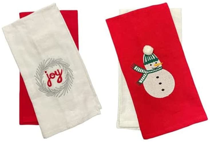 Set of 4, 100% Cotton Joy and Snowman Design Holiday Christmas Kitchen Towels Red and White, Soft and Absorbent. Size: 15” x 25”.