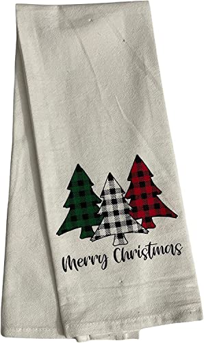 4 Pcs, 100% Cotton Christmas Flour Sack Kitchen Towels, Christmas Tree Quote Merry Christmas & Cookie Baking Crew & 2 Farmhouse Kitchen Towels. Soft and Absorbent Size: 15” x 25”.