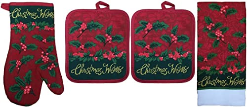 Set of 4, Poinsettia Flower Sentiment Christmas Wishes - 100% Cotton Kitchen Towel Set, Includes, 2 Potholder, Kitchen Towel, Oven mitt.