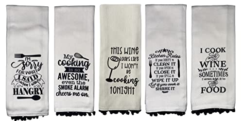 Set of 5, 100% Cotton Funny Cute Saying Pom Pom Design Flour Sack Kitchen Towels