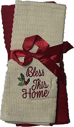 2 Pcs, Bless This Home Embordary on Beige and Plain Red 100% Cotton Waffle Weaves Christmas Holiday Kitchen Towels Size: 16 x 26 Inch.