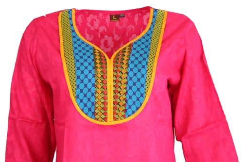 Tunic for Women V-Neck Embroidery, Multi Stripe Patchwork Yoke 3/4 Sleeves Long Kurti Kurta Tunic Top. Pink