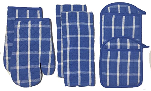 Set of 6 Checkered Design Linen Material Kitchen Set Ultra Absorbent 2 Kitchen Towel, 2 Oven Mitt, 2 Pot Holder. (Blue)