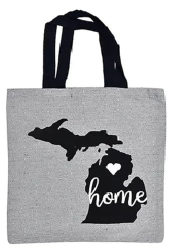 Michigan State Canvas Tote Bag with Sentiments Home, Inspired by The State WE Call Home. Reusable Machine Washable Size: 14 x 16 Inch.