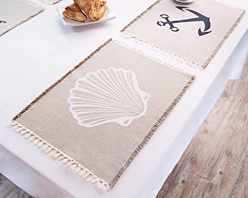 Costal Nautical Seashell Design Kitchen Placemats for Dining Table Set of 4 - 100% Cotton Machine Washable Place Mat Size: 13” x 19”.