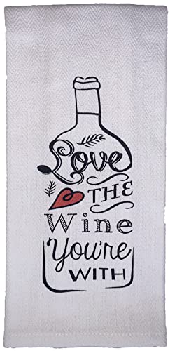 Set of 5, 100% Cotton Funny Quote Wine Design Herringbone Pattern Flour Sack Kitchen Towels / Dish Towels Size: 16 X 28 Inch.