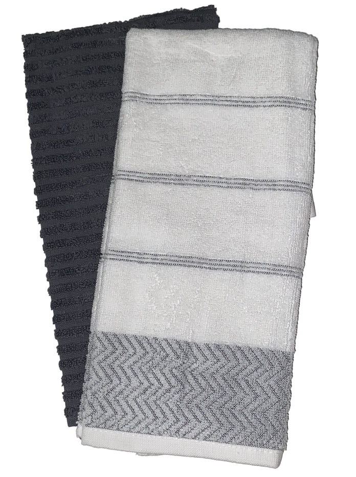 Zigzag Design with Stripes 100% Ring-Spun Terry Cotton Kitchen Dish Towels, Set of 4 - Size: 16 x 27 inch, 410 GSM, 2 White/Grey 2 Solid Grey with Hanging Loop Super Soft, Highly Absorbent.