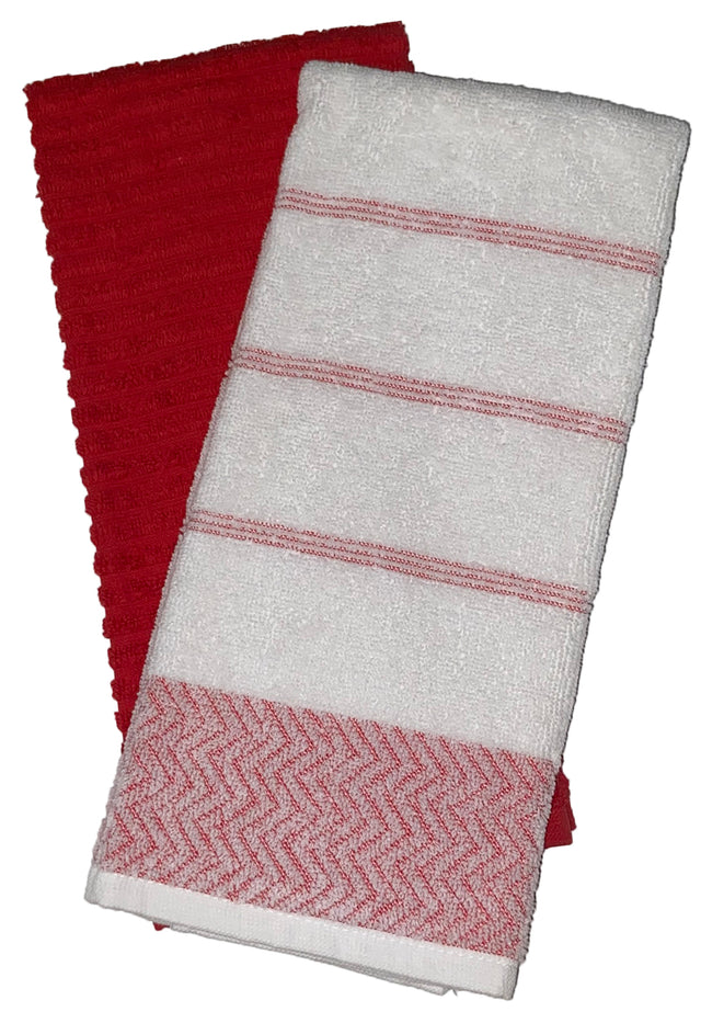 Zigzag Design with Stripes 100% Ring-Spun Terry Cotton Kitchen Dish Towels, Set of 4 - Size: 16 x 27 inch, 410 GSM, 2 White/Grey 2 Solid Grey with Hanging Loop Super Soft, Highly Absorbent.